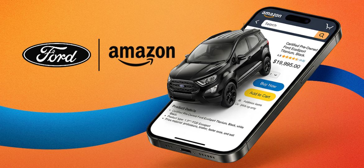 Man browsing a Ford EcoSport listing on Amazon Auto using a mobile phone, showcasing the Ford and Amazon partnership for online car buying.