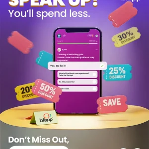 A promotional ad for the "Blapp" app with a purple background, reading "SPEAK UP! You'll spend less." The image features a smartphone displaying the Blapp survey interface, surrounded by floating pink tags with various discount percentages (20%, 25%, 30%, 50%). The ad prompts the user: "Don't Miss Out, Download Blapp."