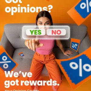 A promotional ad for the "Blapp" app with an orange background, asking "Got opinions?" A young woman sitting on a gray couch points forward, with a floating "YES" button in front of her. The text states, "We've got rewards. Your Opinion Counts. Join Blapp!"