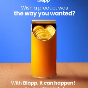 A blue promotional ad for the "Blapp" app asking, "Wish a product was the way you wanted?" It features an orange chip can filled with potato chips shaped like hearts. The ad reads: "With Blapp, it can happen! Download Blapp today!"