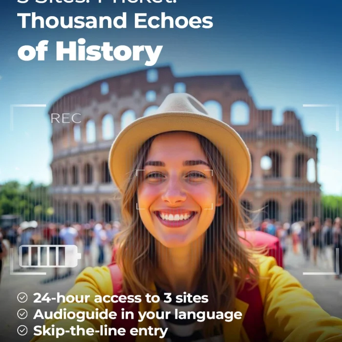 A travel ad for Colosseum tickets featuring a smiling young woman in a yellow jacket and hat in front of the Colosseum ruins, with text promoting "3 Sites. 1 Ticket. Thousand Echoes of History," 24-hour access, and an audio guide.