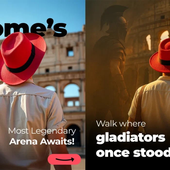 A promotional ad for Colosseum tickets showing two Roman gladiators fighting in the arena, with English text promoting the experience to "Stand where GLADIATORS once fought" and tickets "STARTING 22€".