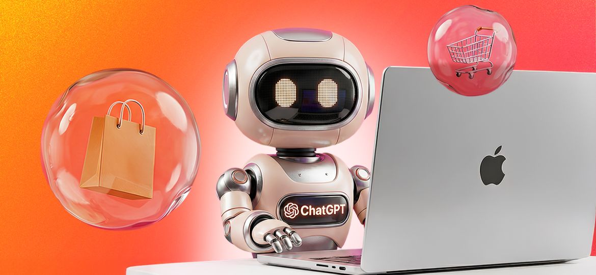 ChatGPT-powered shopping assistant represented by a robot, displaying shopping cart and bag icons above a laptop with an Apple logo.