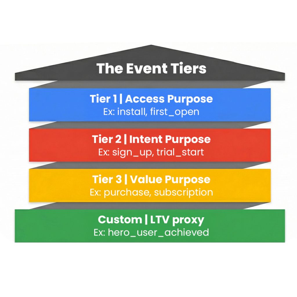 App conversion event tiers showing install, signup, purchase, and LTV proxy signals for optimization