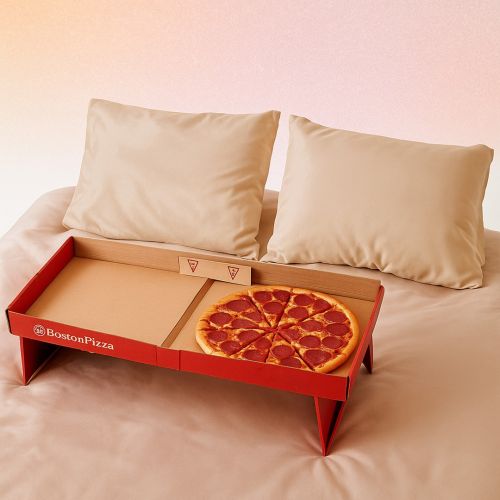 Boston Pizza box designed as a foldable tray placed on a bed with a pepperoni pizza inside, showing creative packaging for convenient in-bed dining.