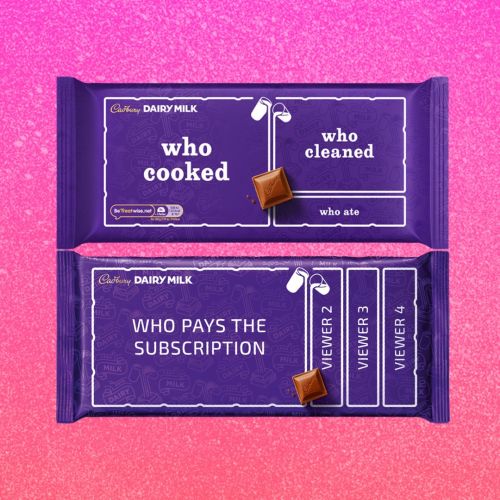 Cadbury Dairy Milk chocolate bars displayed on a pink background, featuring playful text on the wrappers that say “Who cooked,” “Who cleaned,” and “Who pays the subscription.”