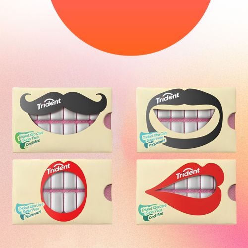 Trident gum packaging with playful mouth designs, showing different styles such as a mustache, lips, and smiles that reveal the gum sticks inside.
